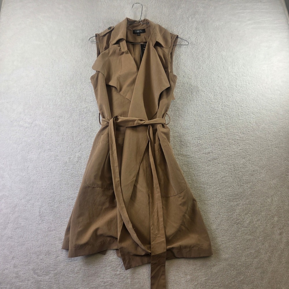 Timing Tan Sleeveless Trench Coat Vest Belted Draped Lapel Khaki Small NEW